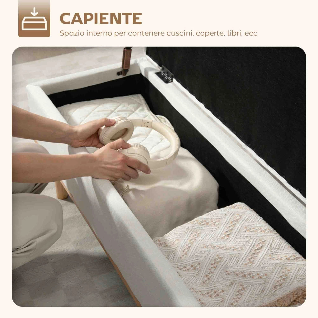 Panca Contenitore 118x42x45 cm da 80L Imbottita con Rivestimento in Tessuto e Gambe in Legno Crema