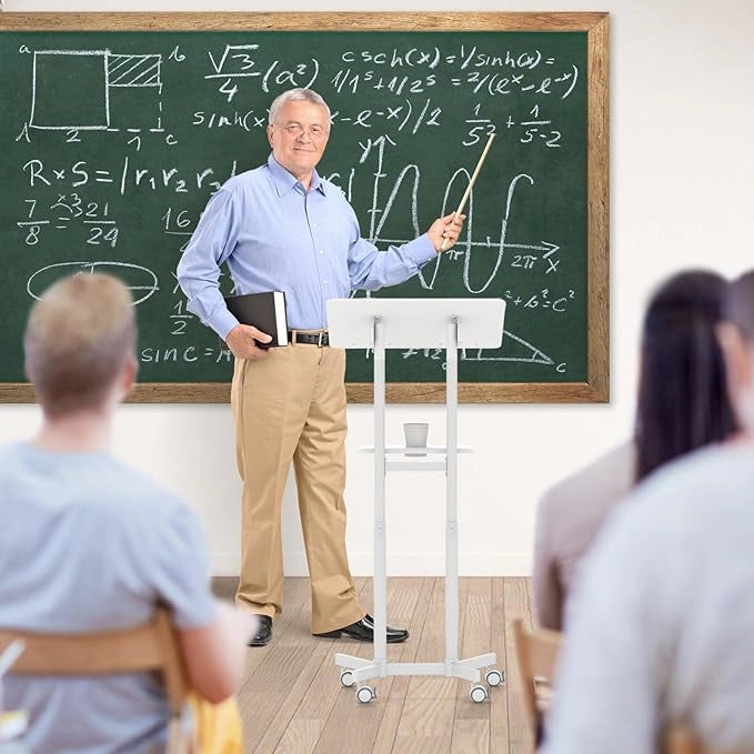 Podio per Conferenze, Pulpito Portatile per Laptop con Piano Inclinabile e Regolabile in Altezza, Vassoio Portaoggetti, Portabicchieri e Ruote Bloccabili (Bianco)