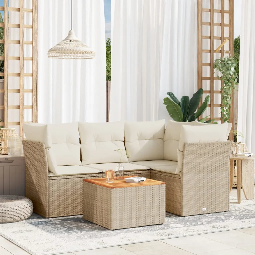 Set Divano da Giardino 5 pz con Cuscini Beige in Polyrattan