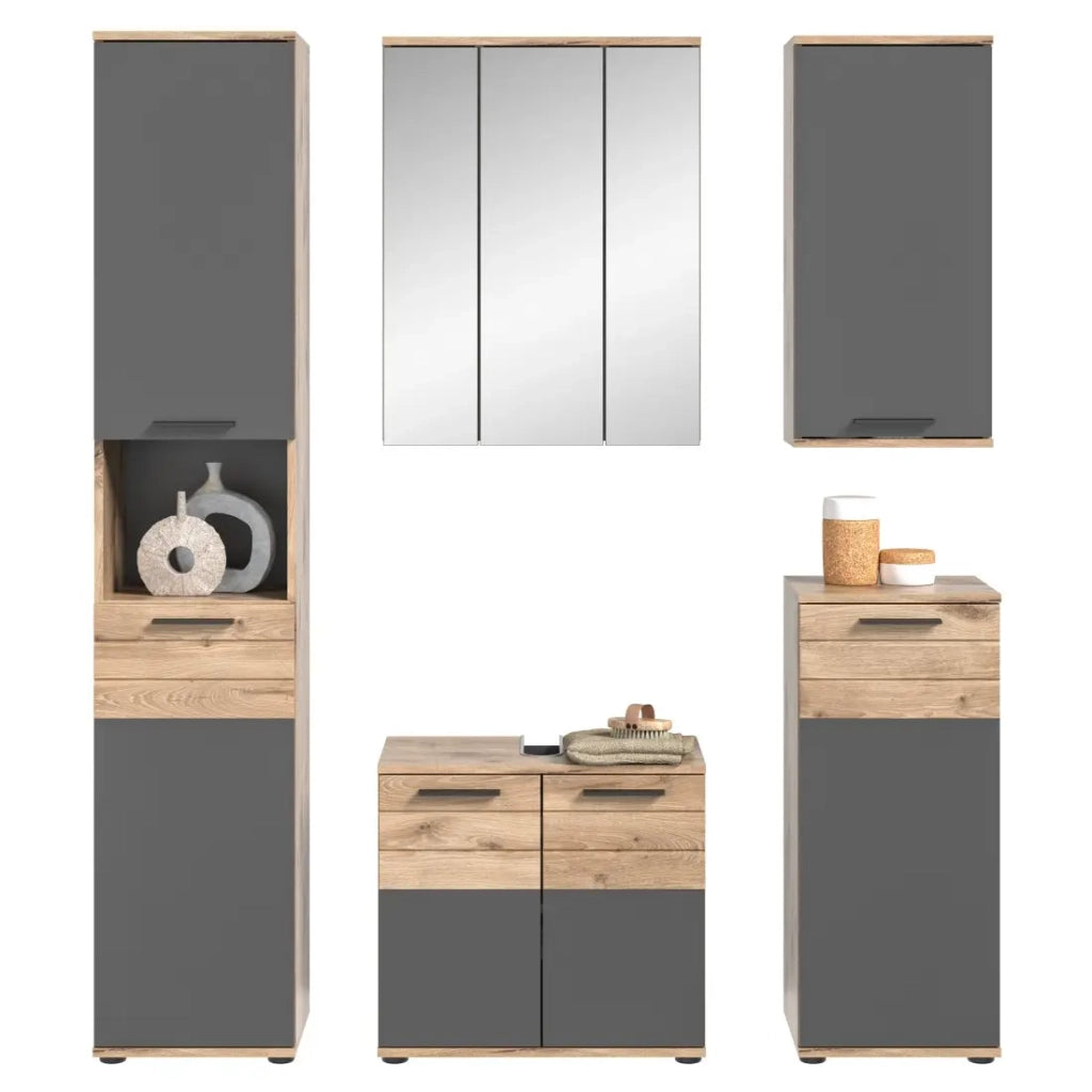 Set da bagno: Mobile sotto lavabo, colonna, mobiletto con specchio + 2 mezze colonne – Grigio antracite e