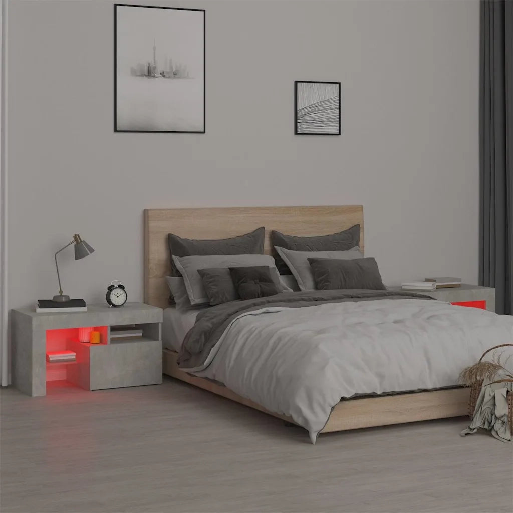 Comodini 2 pz con Luci a LED Grigi Cemento 70x36,5x40 cm 3152773