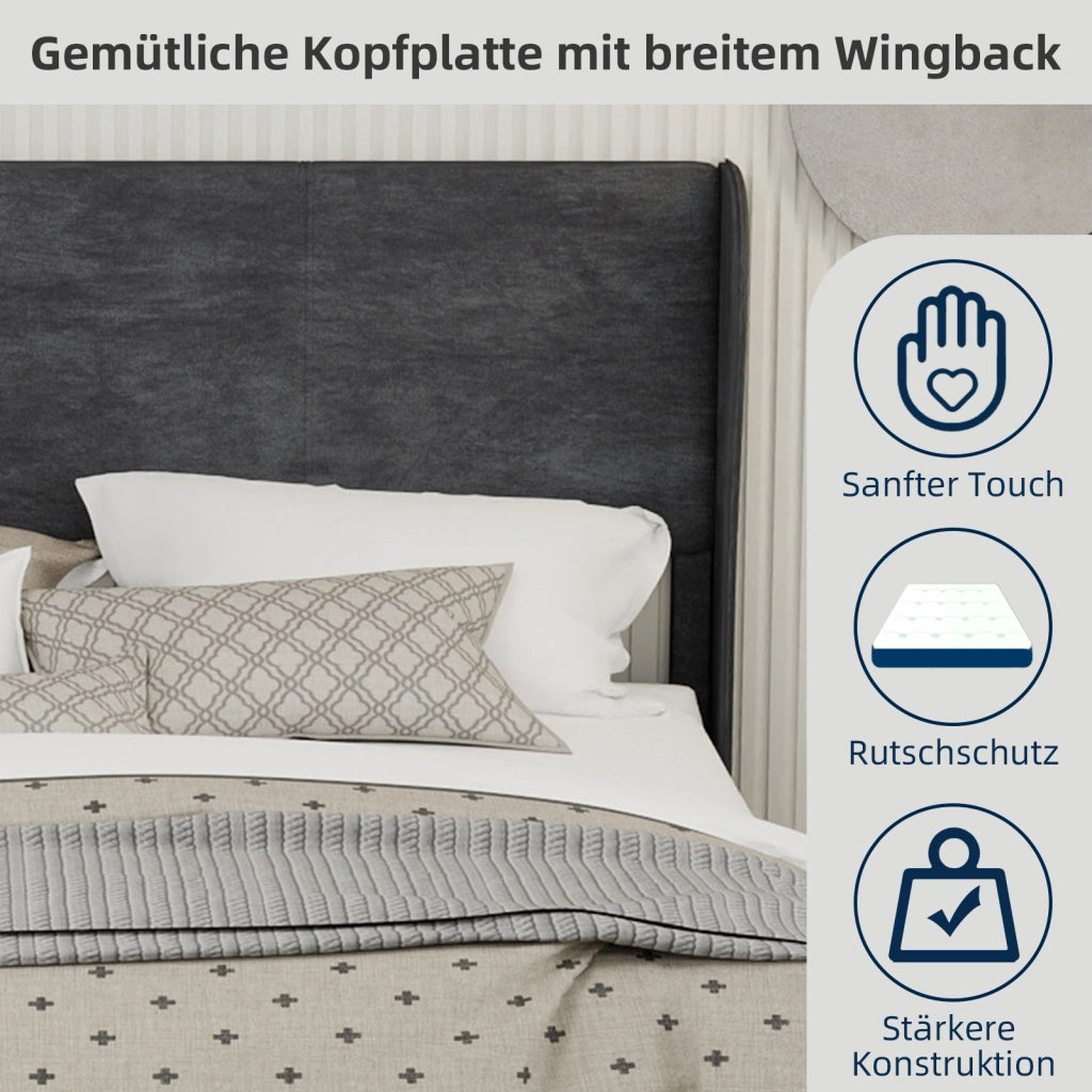 Letto Matrimoniale 160x200 cm con Testiera Imbottita in Tessuto e Metallo; Grigio