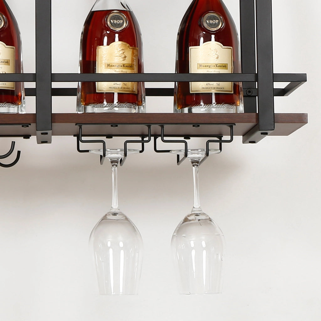 Portabottiglie Sospeso da Soffitto Hubro con Binari per Calici e Ganci per Tazze 80x30x85 cm Nero/Effetto Noce [en.casa]