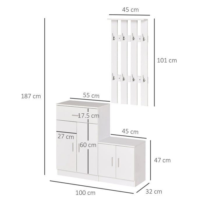 Mobile Ingresso con Scarpiera e Appendiabiti in Legno Bianco Opaco 100x32x187 cm