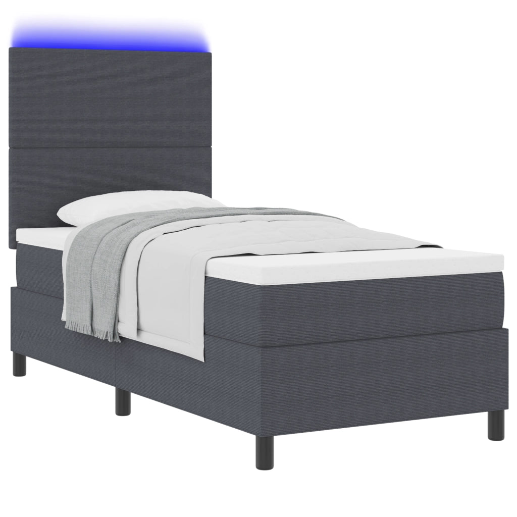 Letto con rete a molle con materasso e luce LED grigio scuro 100x200 cm tessuto a coste