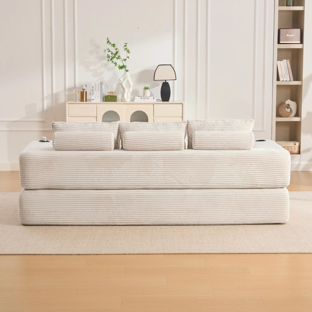 Divano letto 3 posti beige, pieghevole con tasche e portabicchiere, tessuto a coste