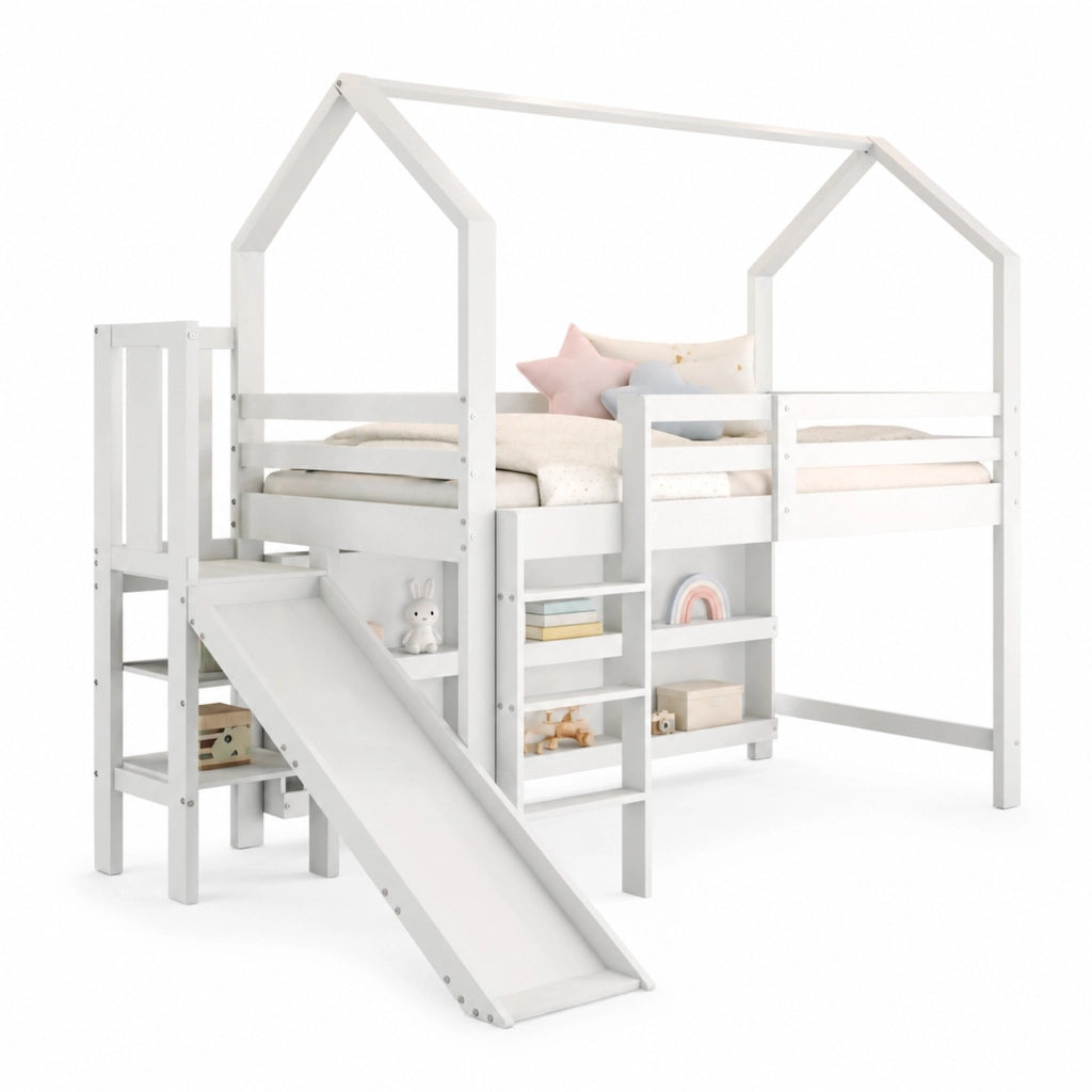 Letto singolo multifunzionale 90x200 cm con scivolo, vani e ripiani