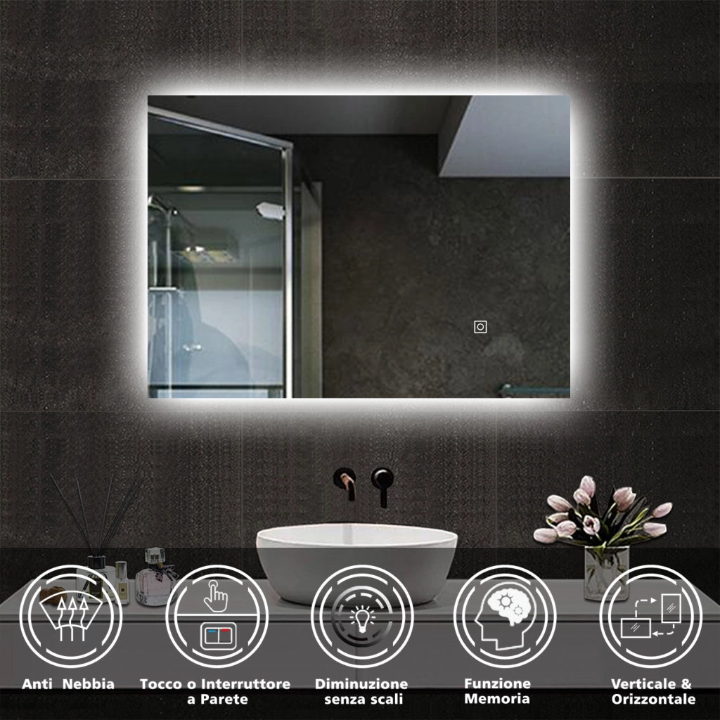 Aica Specchio da bagno a LED+100x60cm+Disappannamento+Funzione Memoria+Infinitamente Dimmerabile