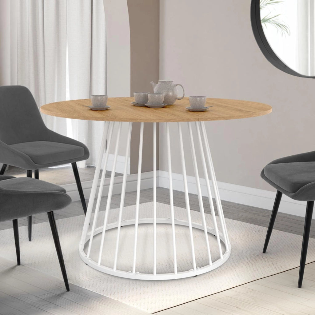 Tavolo da pranzo rotondo per 6 persone YUNA con piano in legno e gamba in filo metallico bianco 110 cm