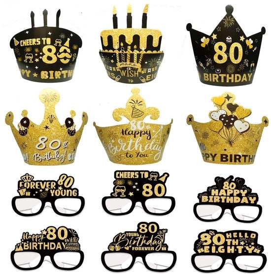 Decorazioni per Festa di Compleanno - 6 pezzi di Cappelli - 6 pezzi di Occhiali in Carta - Accessori per Foto di Festa - Nero/ Oro - Adatto per Adulti - Decorazioni per Festa di Compleanno