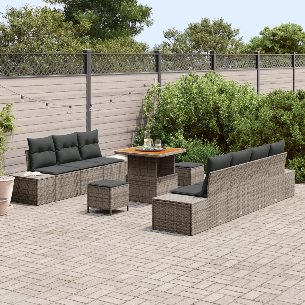 Set divano da giardino 10 pezzi con cuscini grigio polyrattan acacia