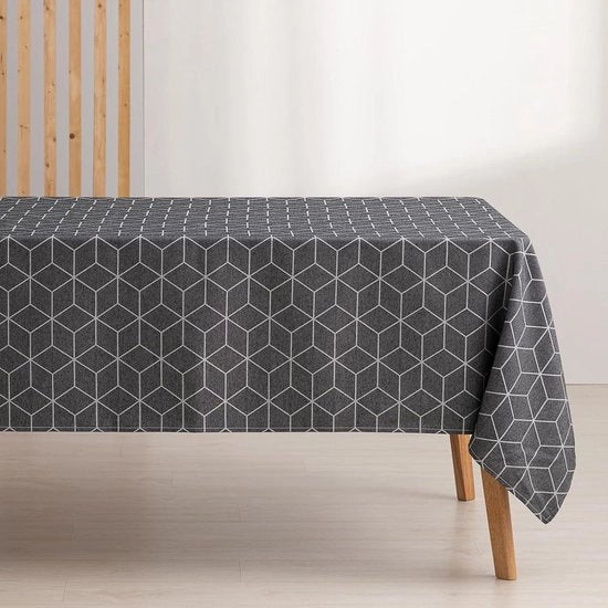 Tavolo con tovaglia in tessuto a geometrie lineari antracite 140 x 200 cm