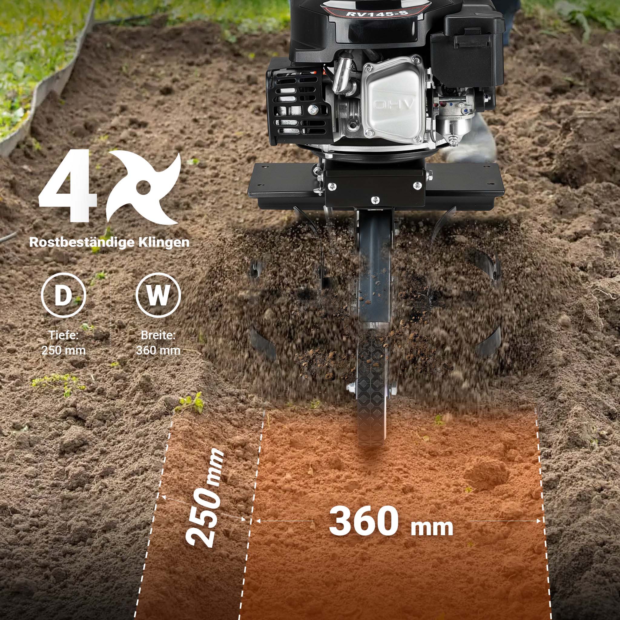 Motozappa a scoppio, fresa a scoppio, larghezza di lavoro 36 cm, profondità di lavoro 25 cm, motore a benzina a 4 tempi, 2,5 kW, 144cc , 4 set di lame