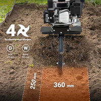 Motozappa a scoppio, fresa a scoppio, larghezza di lavoro 36 cm, profondità di lavoro 25 cm, motore a benzina a 4 tempi, 2,5 kW, 144cc , 4 set di lame