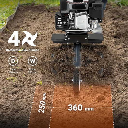 Motozappa a scoppio, fresa a scoppio, larghezza di lavoro 36 cm, profondità di lavoro 25 cm, motore a benzina a 4 tempi, 2,5 kW, 144cc , 4 set di lame