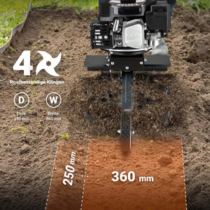 Motozappa a scoppio, fresa a scoppio, larghezza di lavoro 36 cm, profondità di lavoro 25 cm, motore a benzina a 4 tempi, 2,5 kW, 144cc , 4 set di lame