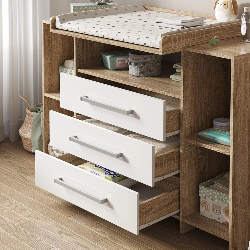 Fasciatoio Oskar, Bianco/Sonoma, 143 x 100 cm XL con cassetti, adatto come fasciatoio con area di appoggio estensibile