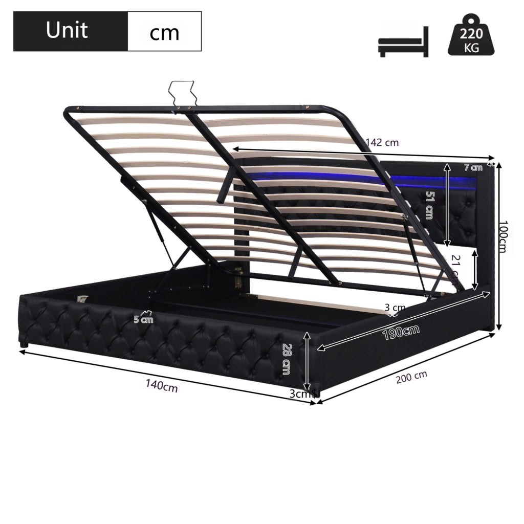 Letto matrimoniale 140x190 cm in PU nero con contenitore e LED HAVRYA
