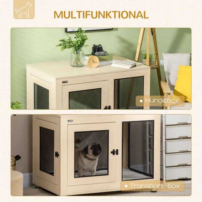 Scaffale box per cani con 2 porte e chiusura, cuscino sfoderabile lavabile, acciaio e truciolare, color oak