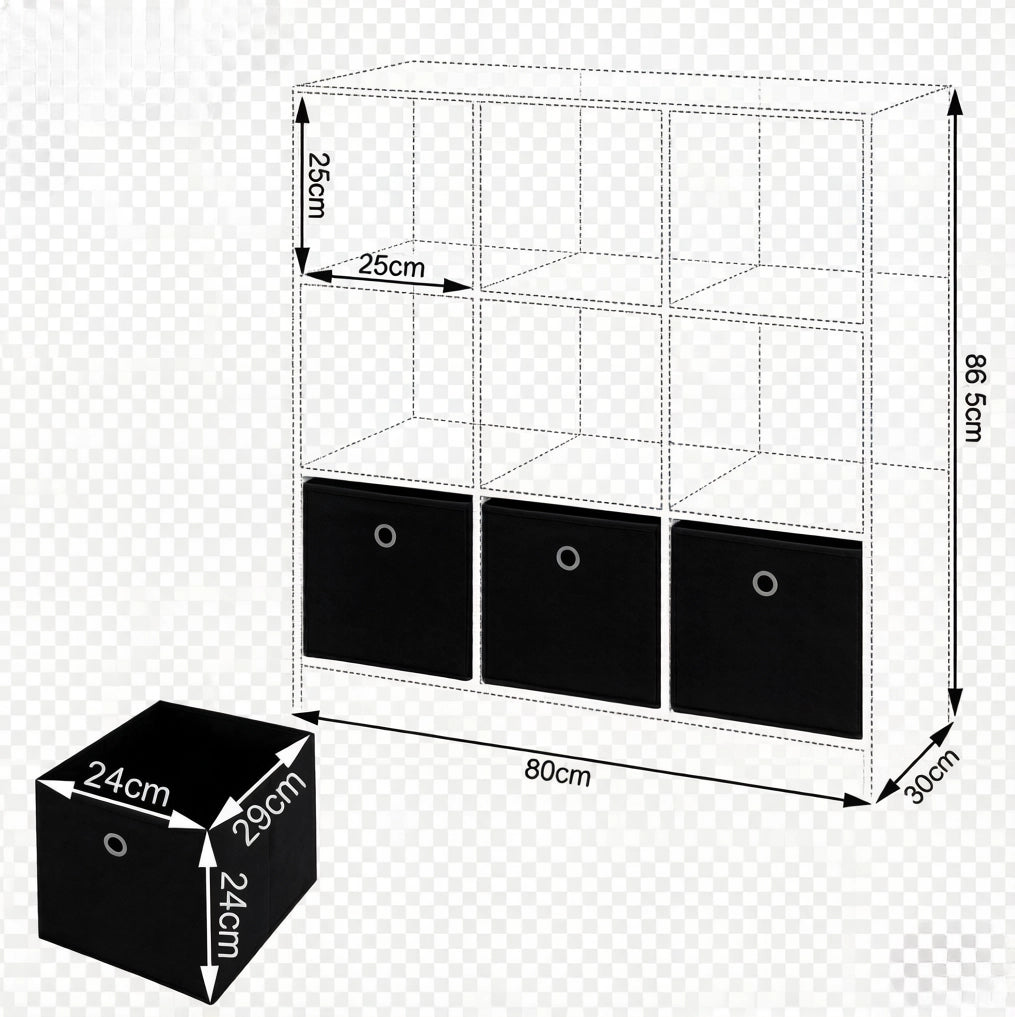Libreria ULEVR 80x86,5x30 cm con vani a cubo e 3 cassetti in tessuto, bianco e nero