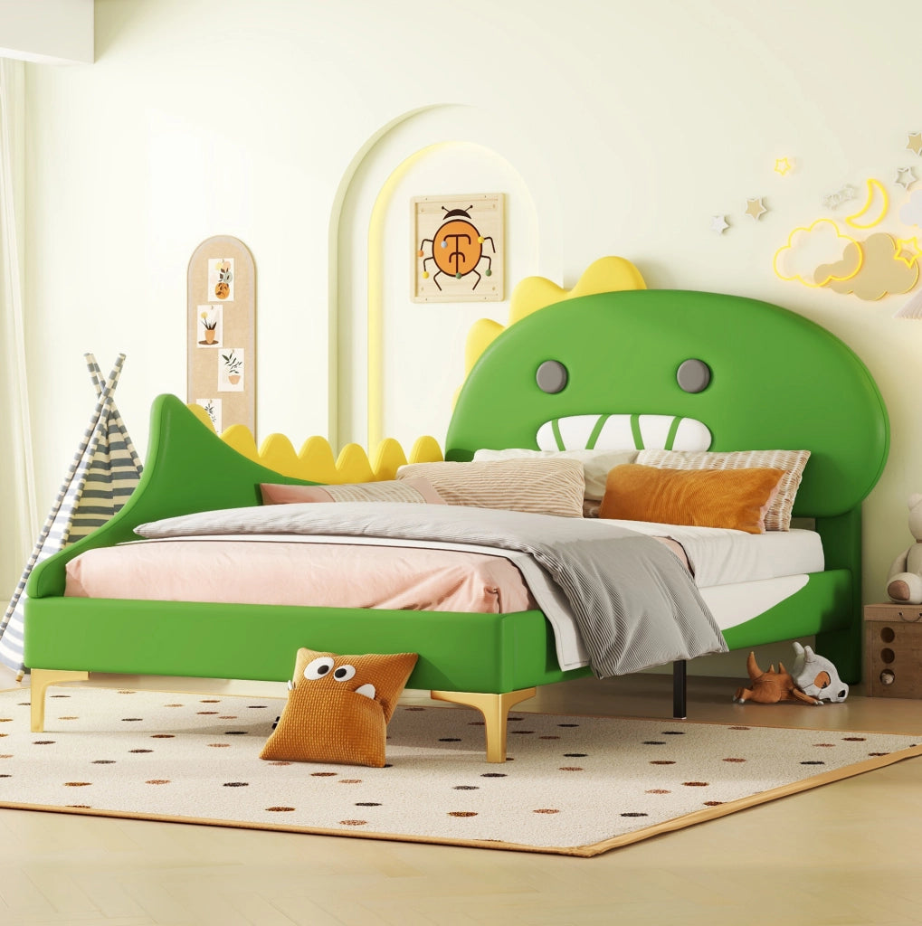 Letto per bambini 90x200 cm; design dinosauro; PU e MDF; verde
