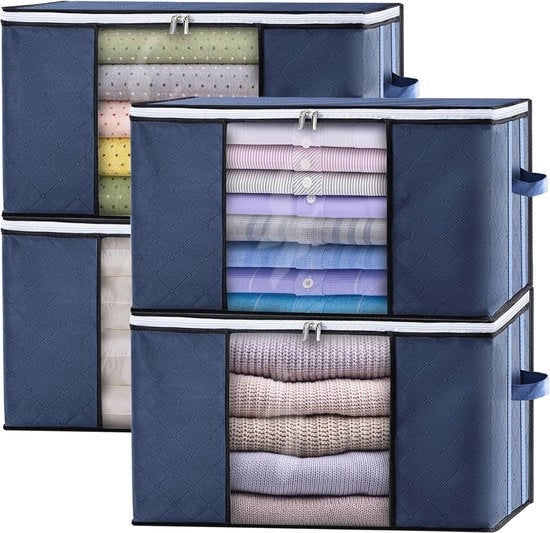 Set di 4 Scatole di Archiviazione con Coperchio - Grande Ripostiglio di Vestiti pieghevole per Ombrelli e Coperte - Maniglia Rafforzata e Cerniera - Blu