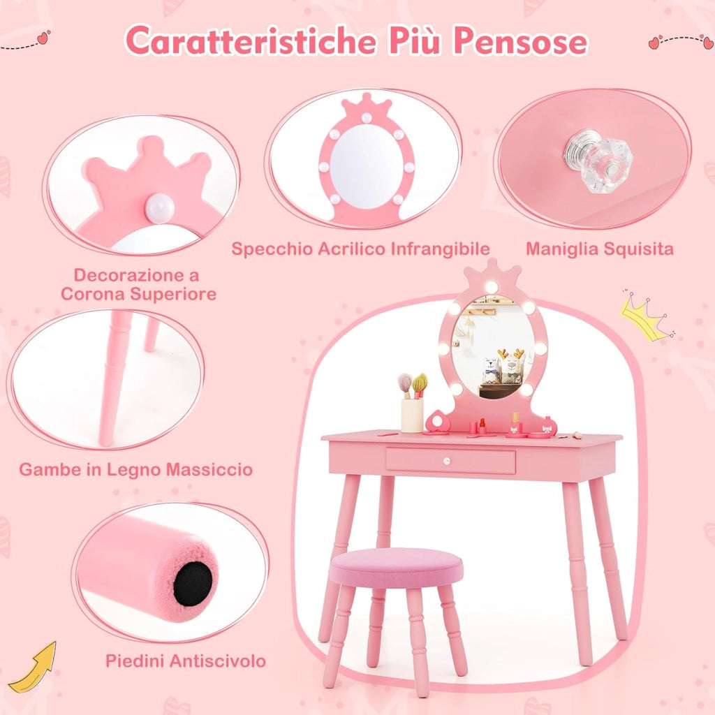Set Toeletta Trucco per Bambina con Sgabello, Specchiera Trucco Staccabile con Luci LED a 3 Colori, Postazione Trucco Giocattolo con Cassetto e Accessori, per Bambine di 3-7 Anni (Rosa)