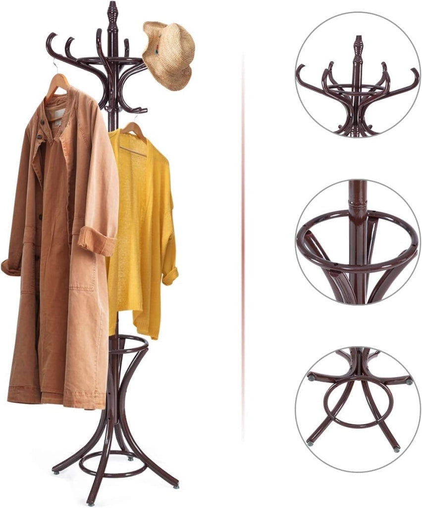 Appendiabiti da 184 cm, Scaffale per Abiti e Cappelli, Appendiabiti in Legno con 12 Ganci, Supporto per Ombrellone, Portabiti Autoportante, per Ingresso, Ufficio, Soggiorno (Marrone)