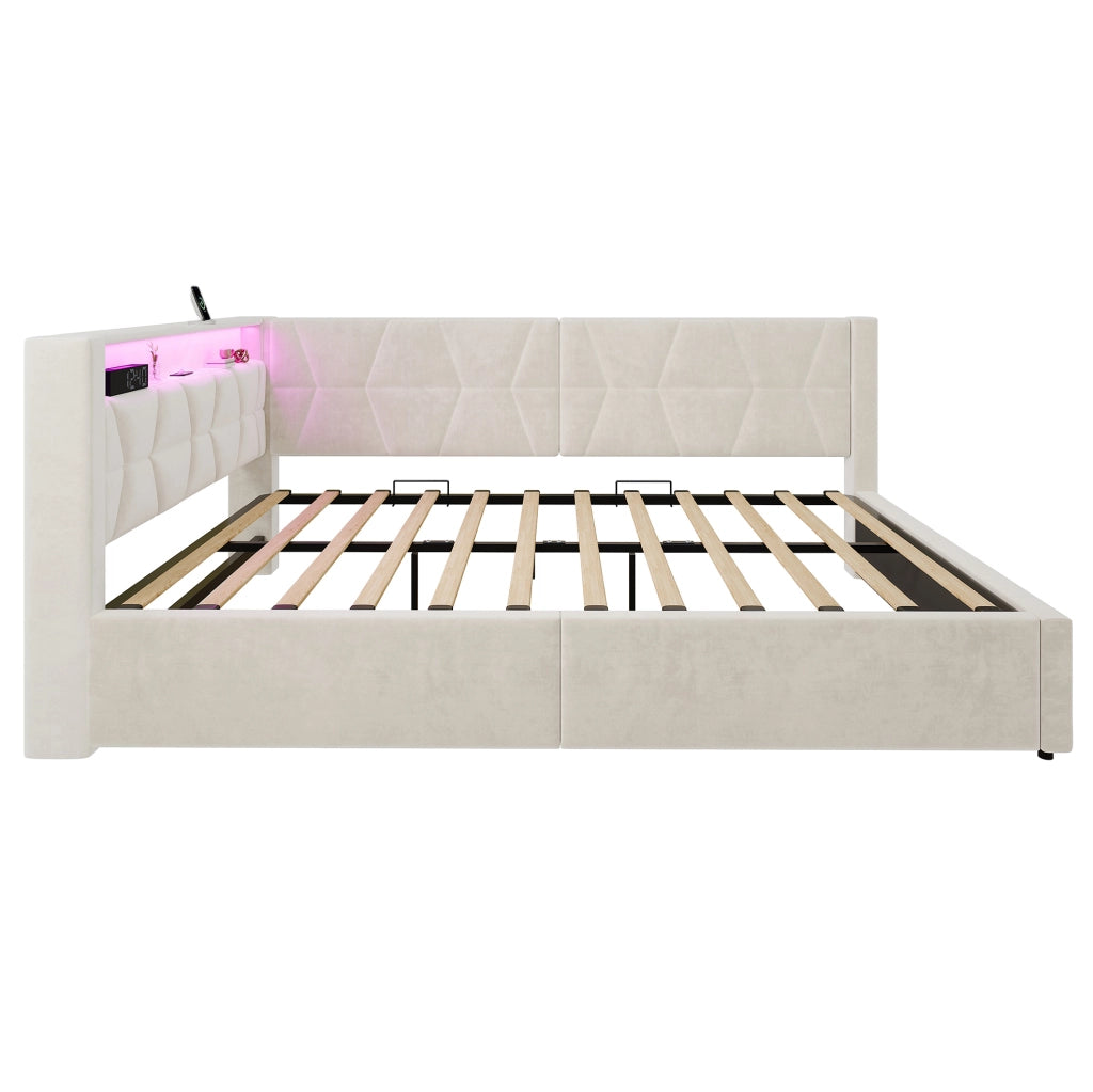 Letto imbottito 140x200 cm beige con contenitore, LED e USB