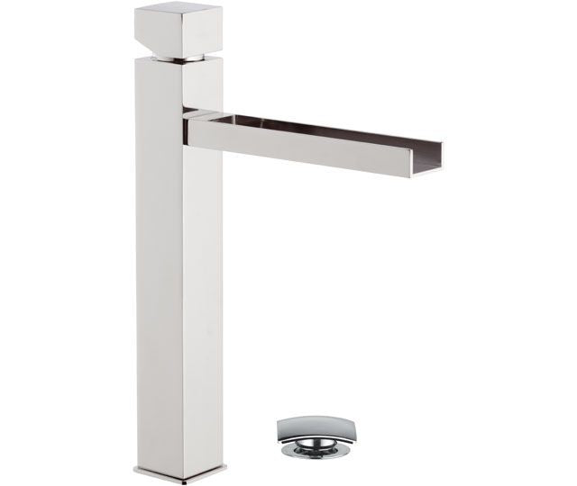 Miscelatore cube waterfall lavabo alto ideale per lavabo da appoggio con bocca a cascata e scarico click clack