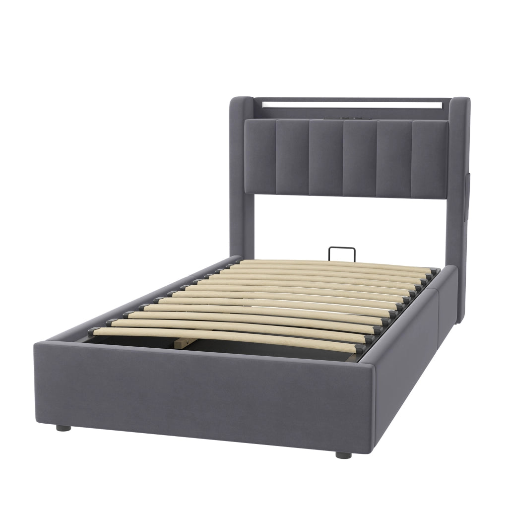 Letto Imbottito 90x190 cm in Velluto con Contenitore Idraulico, LED e Porte USB