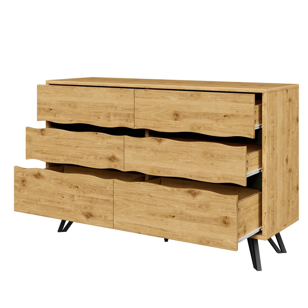 OKWISH Credenza con 6 Cassetti, Frontali Ondulati e Gambe in Metallo, per Soggiorno o Sala da Pranzo, 120×40×75,5 cm