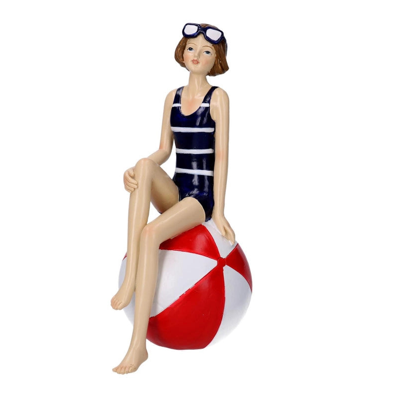 Statua resina donna con pallone blu cm 11,5x8h19