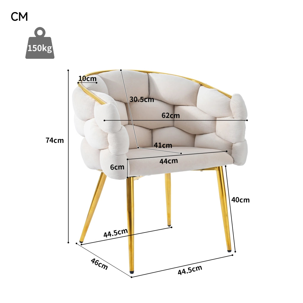 Set di 2 sedie da pranzo in velluto beige, design moderno con gambe in metallo dorato, 44×41×74 cm