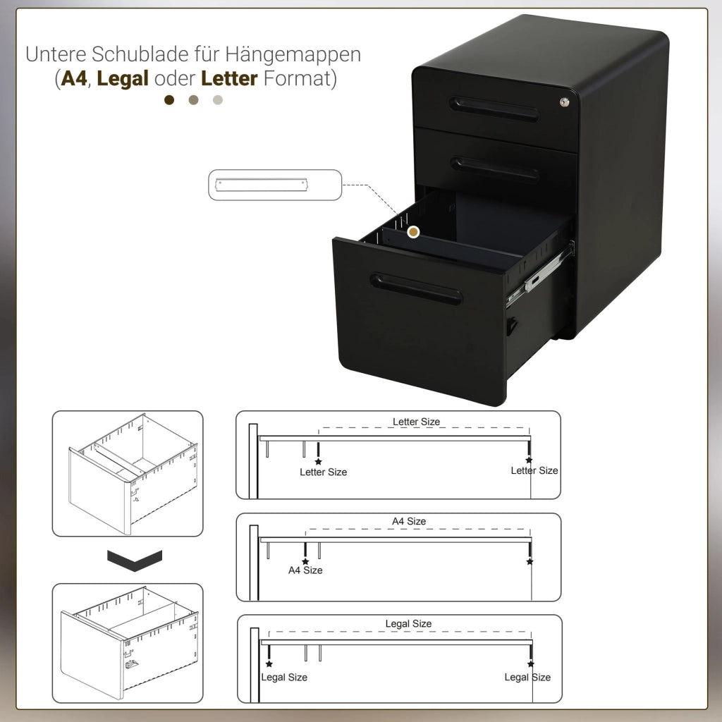 Cassettiera mobile in acciaio nero con 3 cassetti e serratura