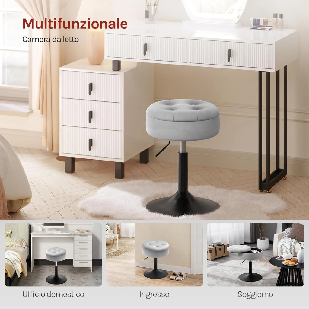 Sgabello da Trucco Girevole, Sgabello Altezza Regolabile, Sedia da Bar Rotondo con Contenitore, Sedile in Velluto, Base in Metallo, per Cucina, Soggiorno, Grigio Chiaro