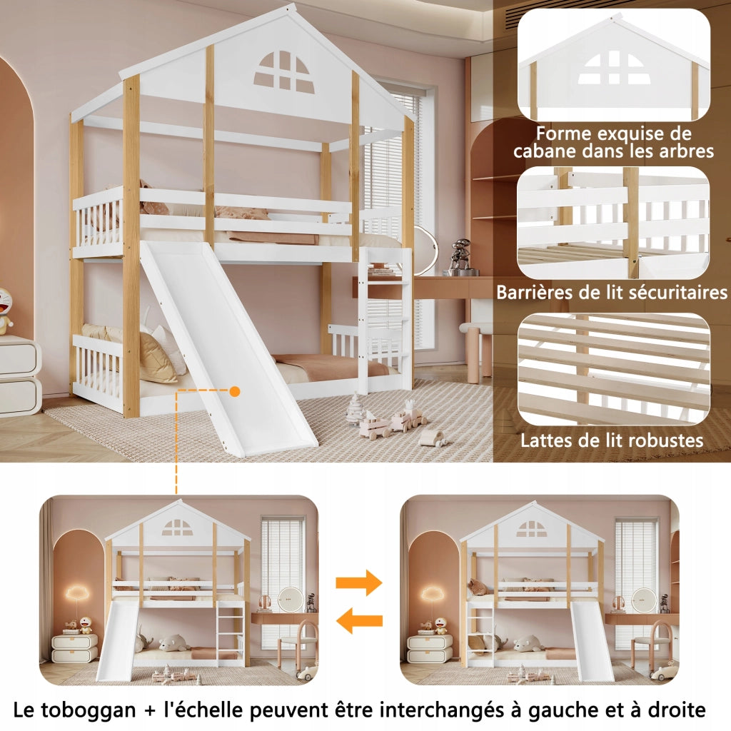 Letto a castello con scivolo - Xylo - 90x200cm - Bianco e legno