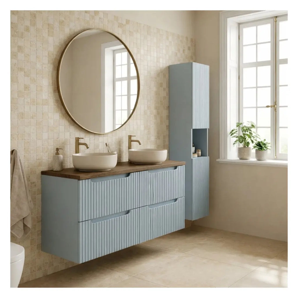 Set bagno sospeso VANO blu denim e quercia 150cm: mobile sotto lavabo con cassetti + piano per lavabo + colonna