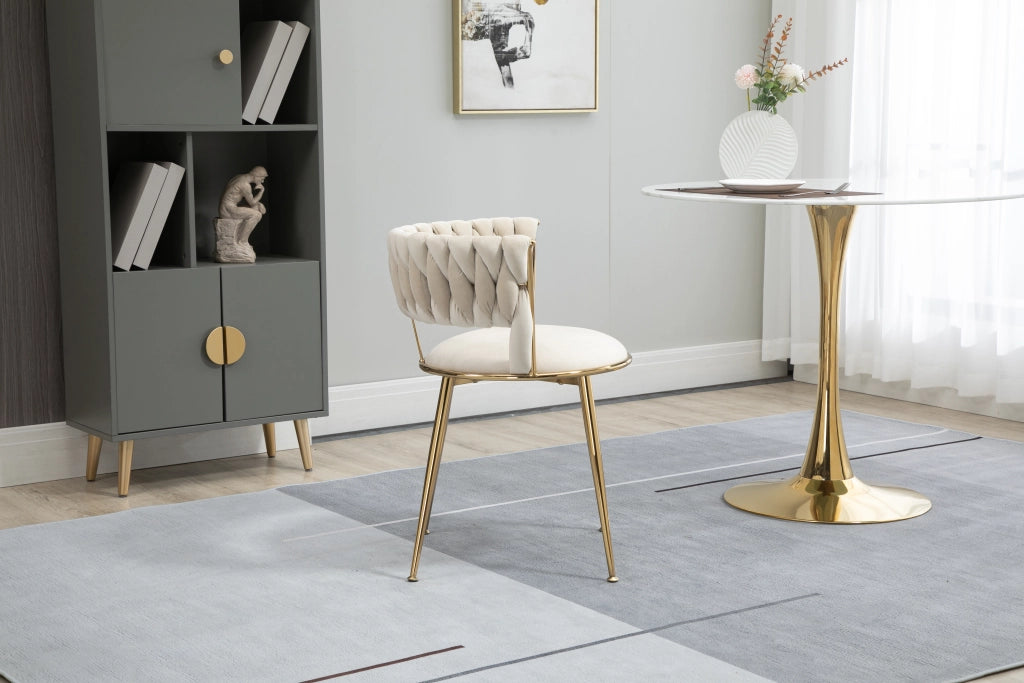 Set di 2 sedie da pranzo in velluto color avorio con schienale traforato e gambe in metallo