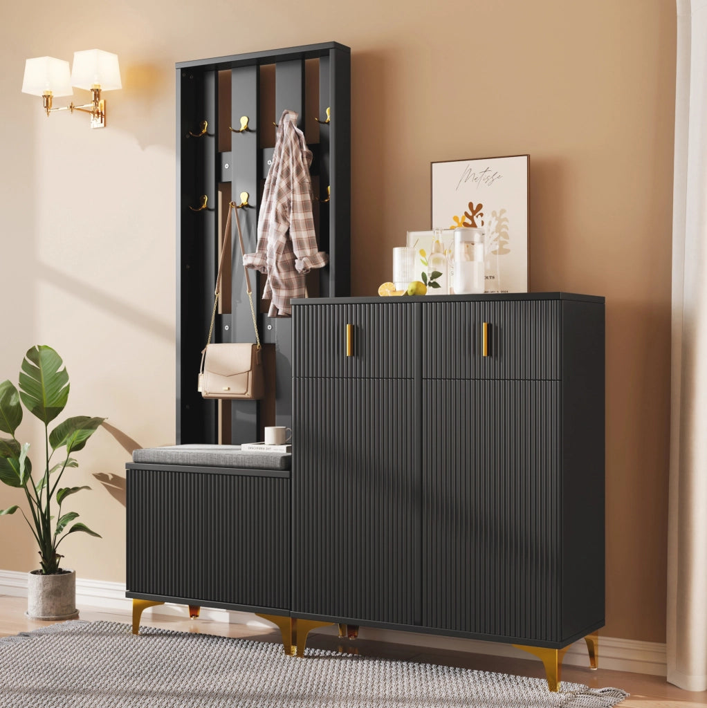 Set Appendiabiti con Panca Porta Scarpe e Cuscino, Armadietto con Cassetti e Ante Nero