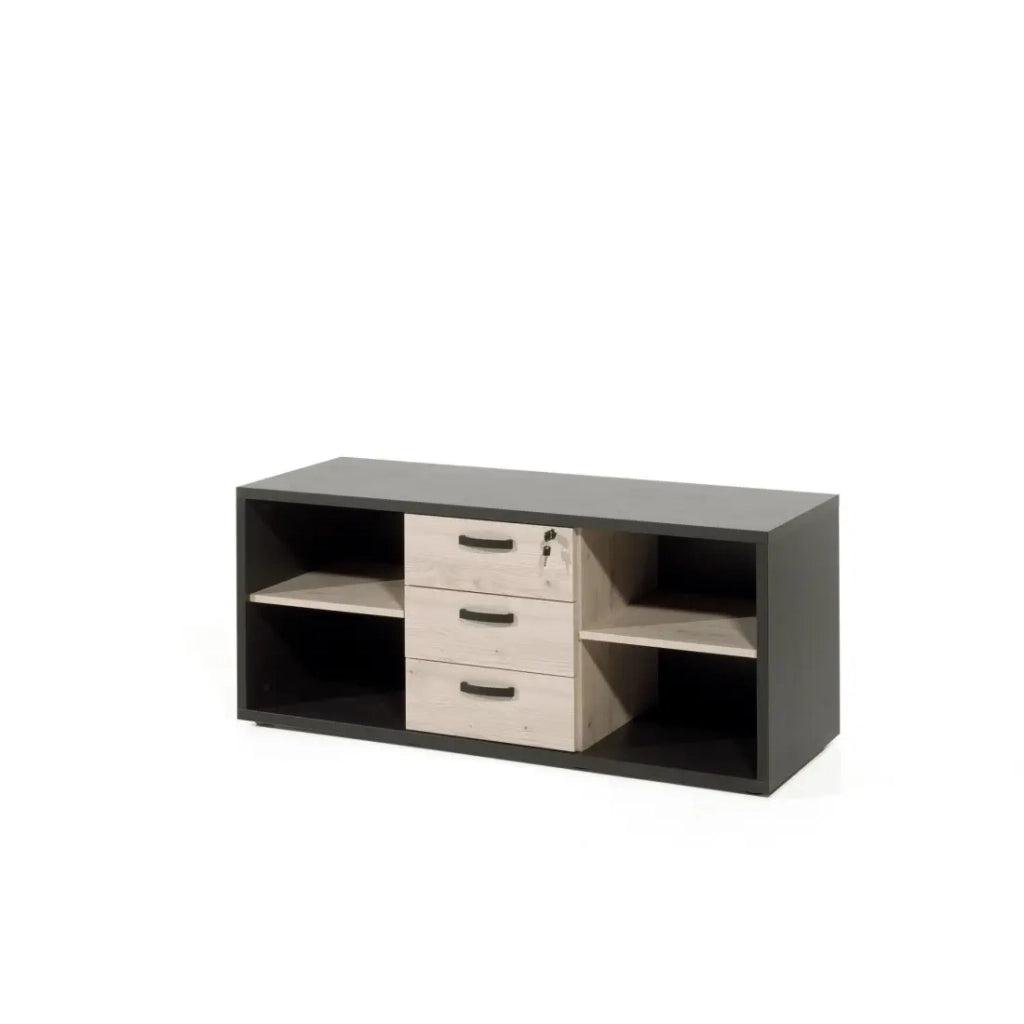 Mobile basso per ufficio con 4 scomparti e 3 cassetti, color rovere chiaro e nero