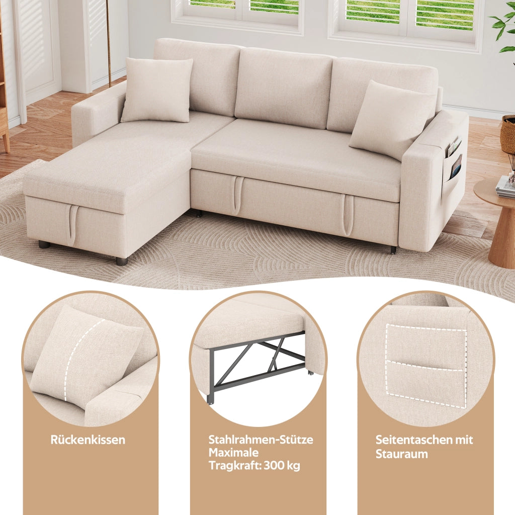 Divano letto angolare reversibile con contenitore e tasche laterali - in lino beige