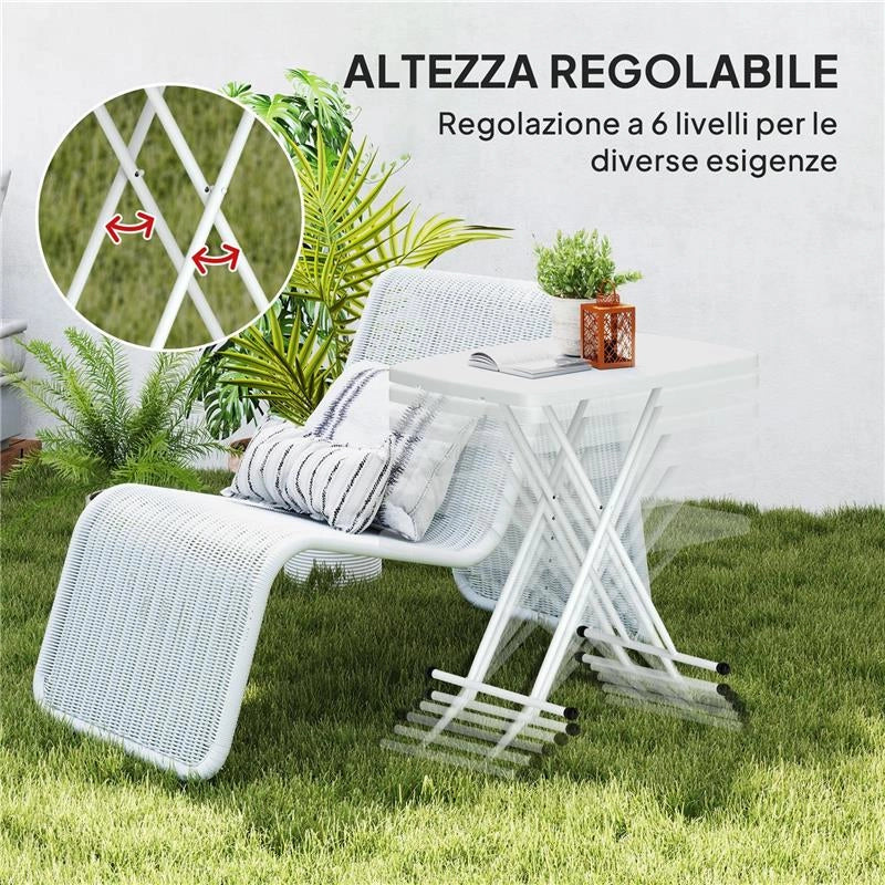 TAVOLINO DA GIARDINO PIEGHEVOLE CON ALTEZZA REGOLABILE, METALLO E HDPE, BIANCO