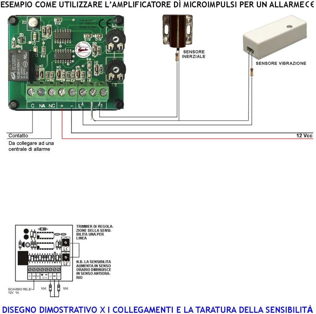 Analizza e Amplifica Microimpulsi Dei Sensori di Allarme Inerziali o Vibratori  Segnala Tentativi di Effrazione o Scasso 2 Linee Bilanciate Regolazione Separata della Sensibilità X Qualsiasi Antifurto