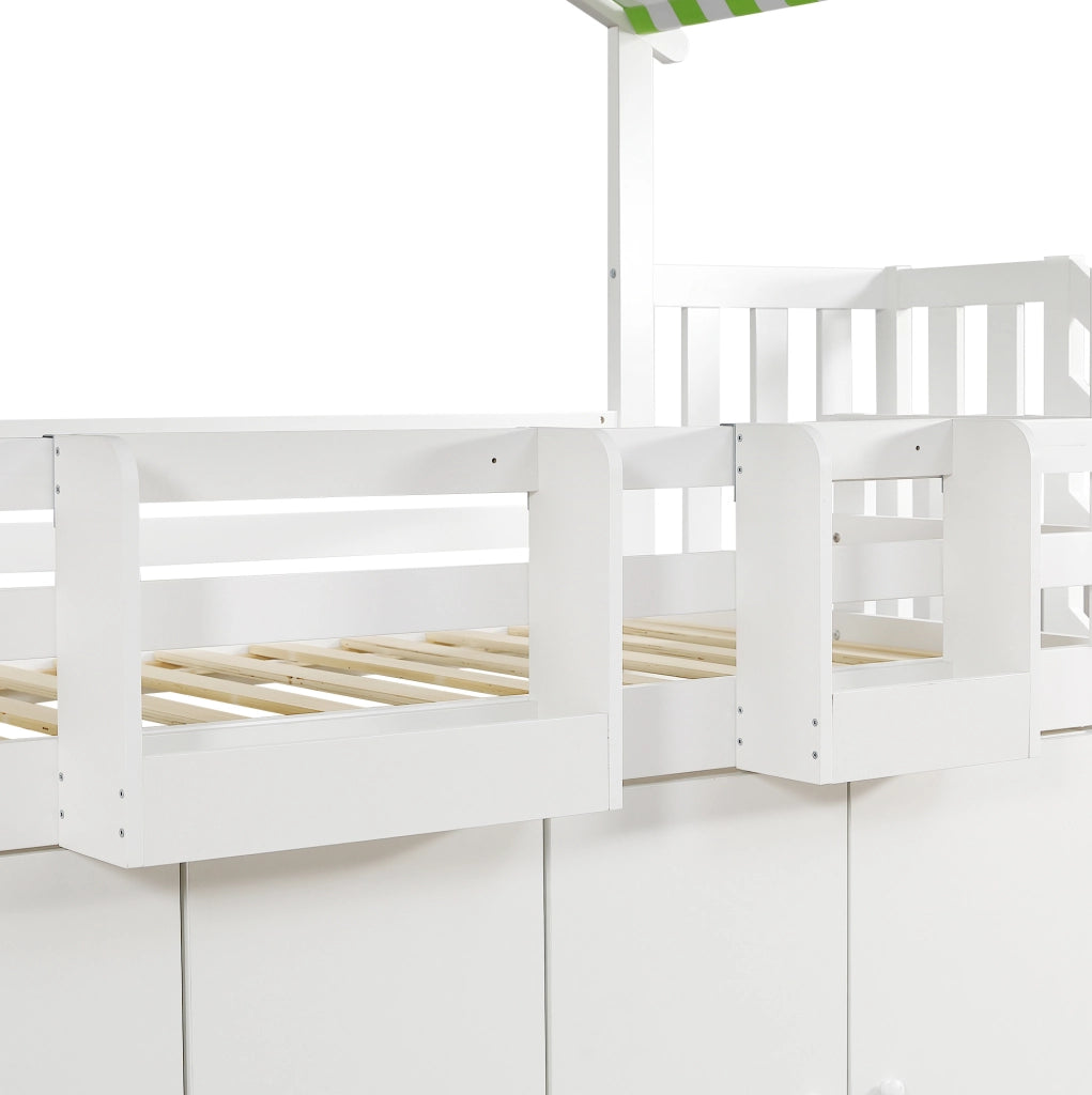Letto a castello con scala contenitore, armadio e vani portaoggetti, 90x200 cm