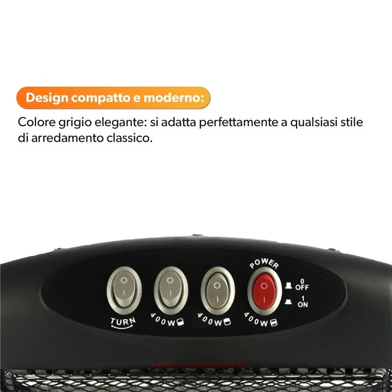 HIGH-TECH STUFA ALOGENA 400-800-1200 W 3 LIVELLI DI POTENZA SPEGNIMENTO AUTOMATICO RUOTA IN 2 DIREZIONI