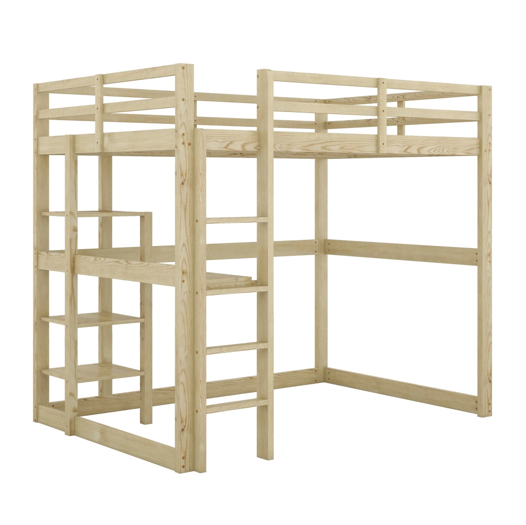 Letto a soppalco 140x200 cm con scrivania e 4 vani in legno di pino; colore naturale