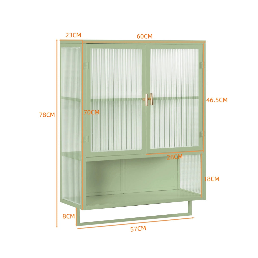Pensile con 2 Ante; 1 Ripiano Rimovibile; 1 Vano Aperto e Portasciugamani per Bagno in Vetro e Metallo 60×23×78 cm Verde