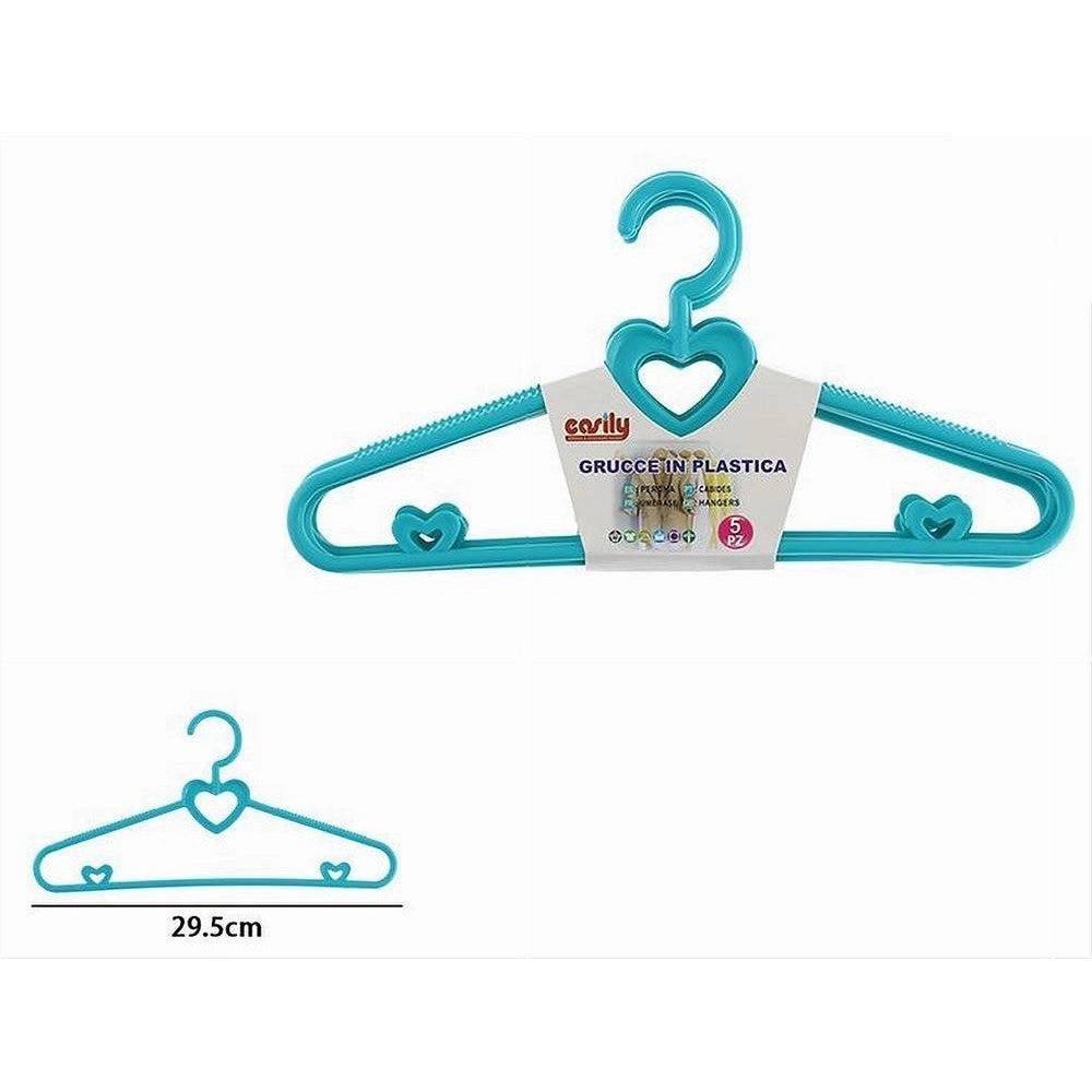 Trade Shop - Set 5 Pz Grucce Stampelle Con Cuori Appendiabiti Plastica Celeste Vestiti 87678 -