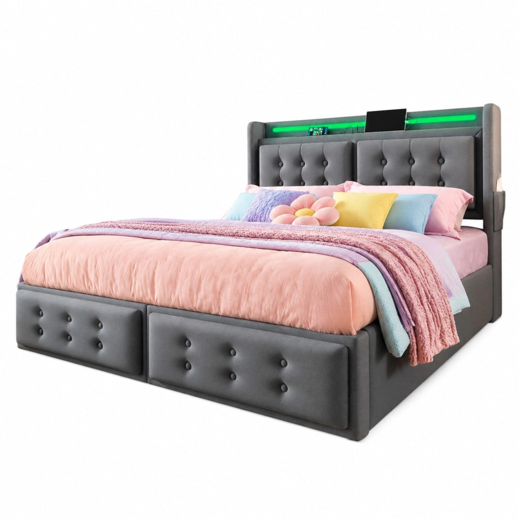 Letto imbottito 160x200 cm con LED, porte USB-C e USB, 4 cassetti, senza materasso